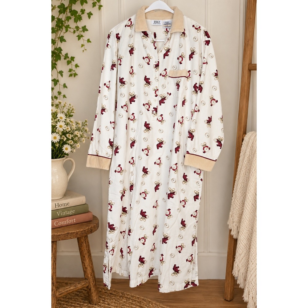 Jessica Intimates Vintage Flannel Nightgown XL Cotton Mouse Clock Print Gown